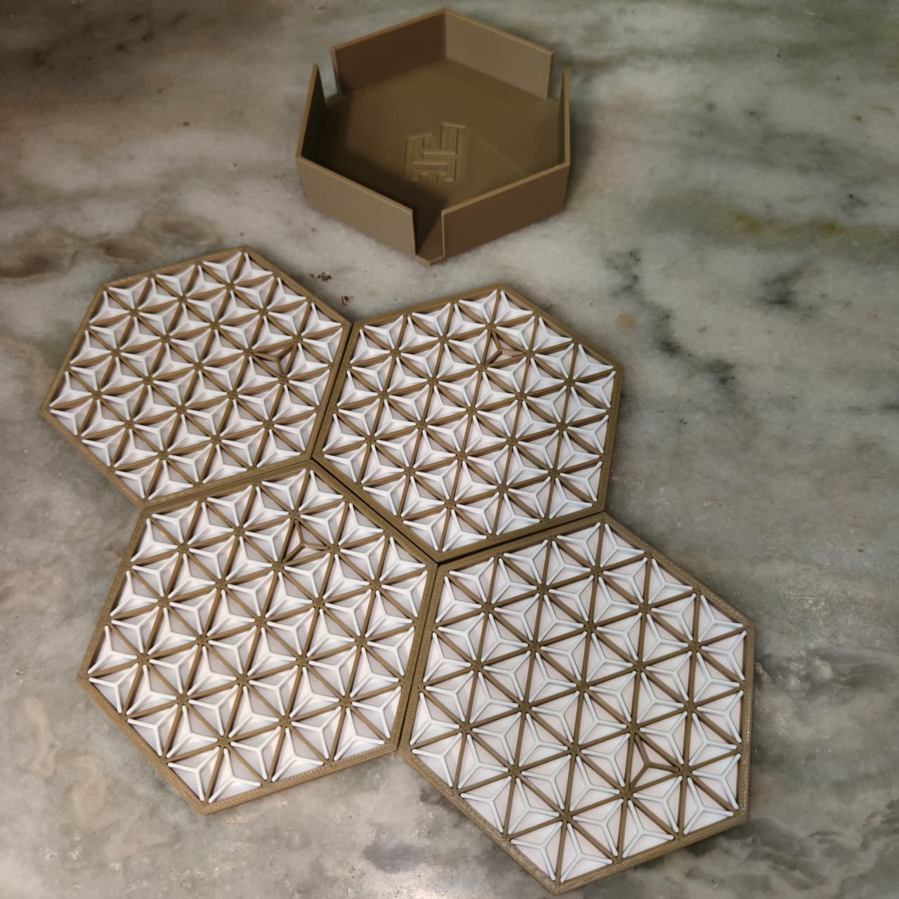 AstraHex™ 3D Printed Geometric Coaster Set with Holder – Pack of 4