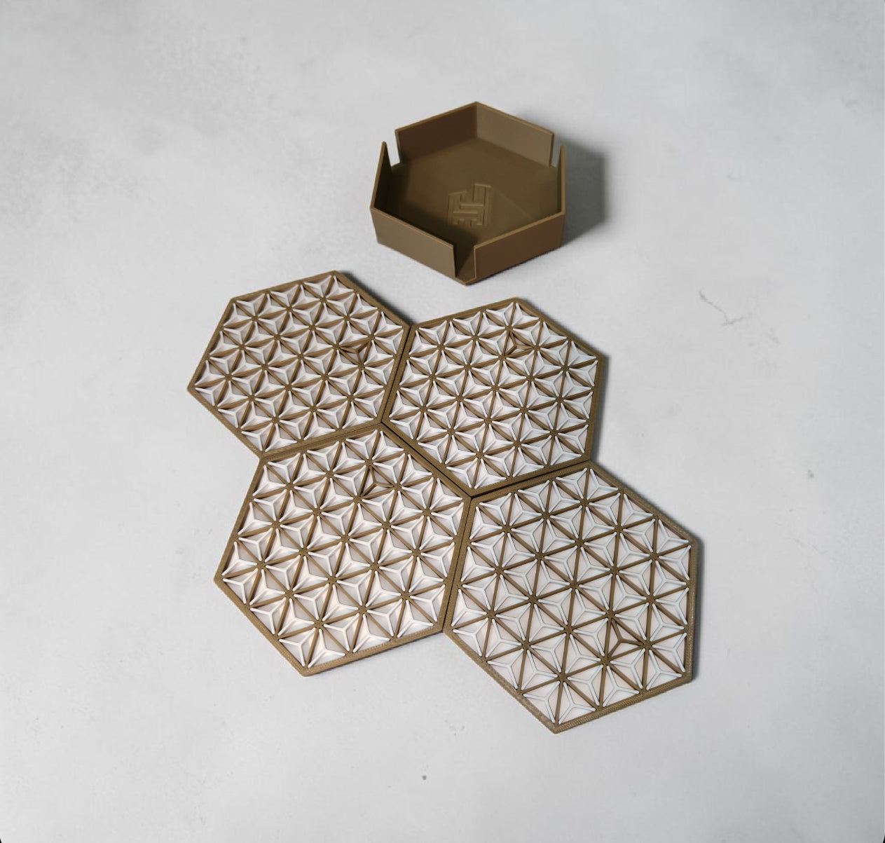 AstraHex™ 3D Printed Geometric Coaster Set with Holder – Pack of 4
