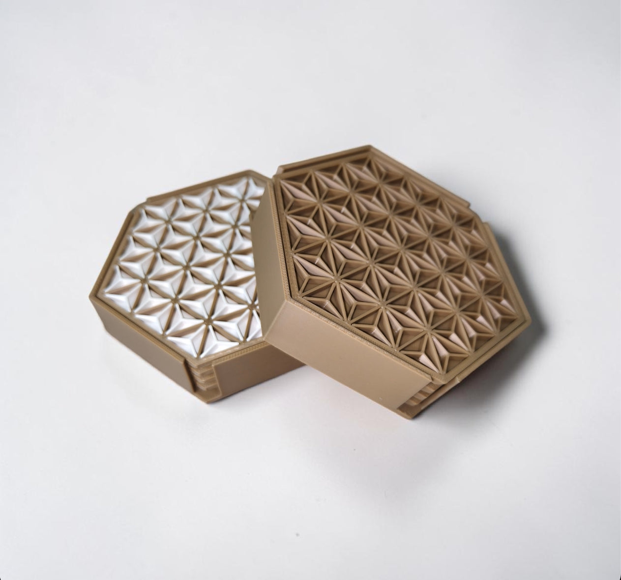 AstraHex™ 3D Printed Geometric Coaster Set with Holder – Pack of 4
