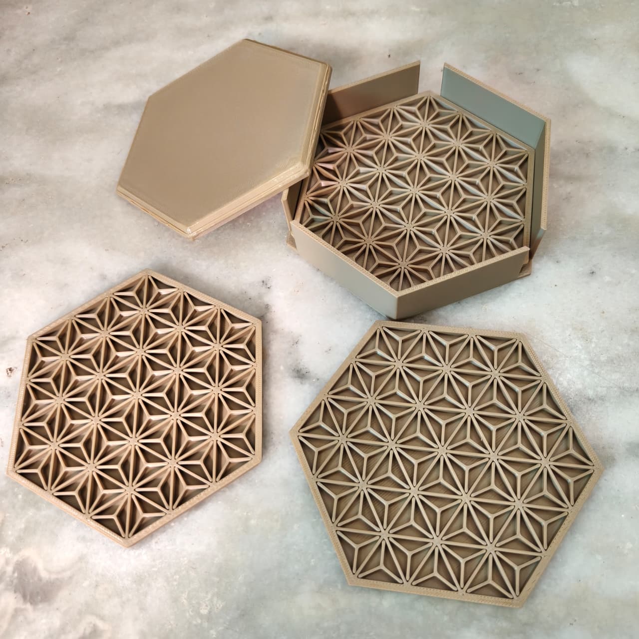 AstraHex™ 3D Printed Geometric Coaster Set with Holder – Pack of 4