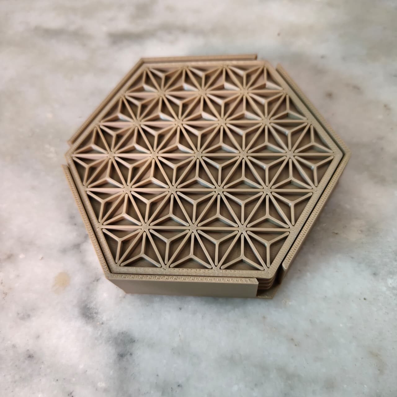 AstraHex™ 3D Printed Geometric Coaster Set with Holder – Pack of 4