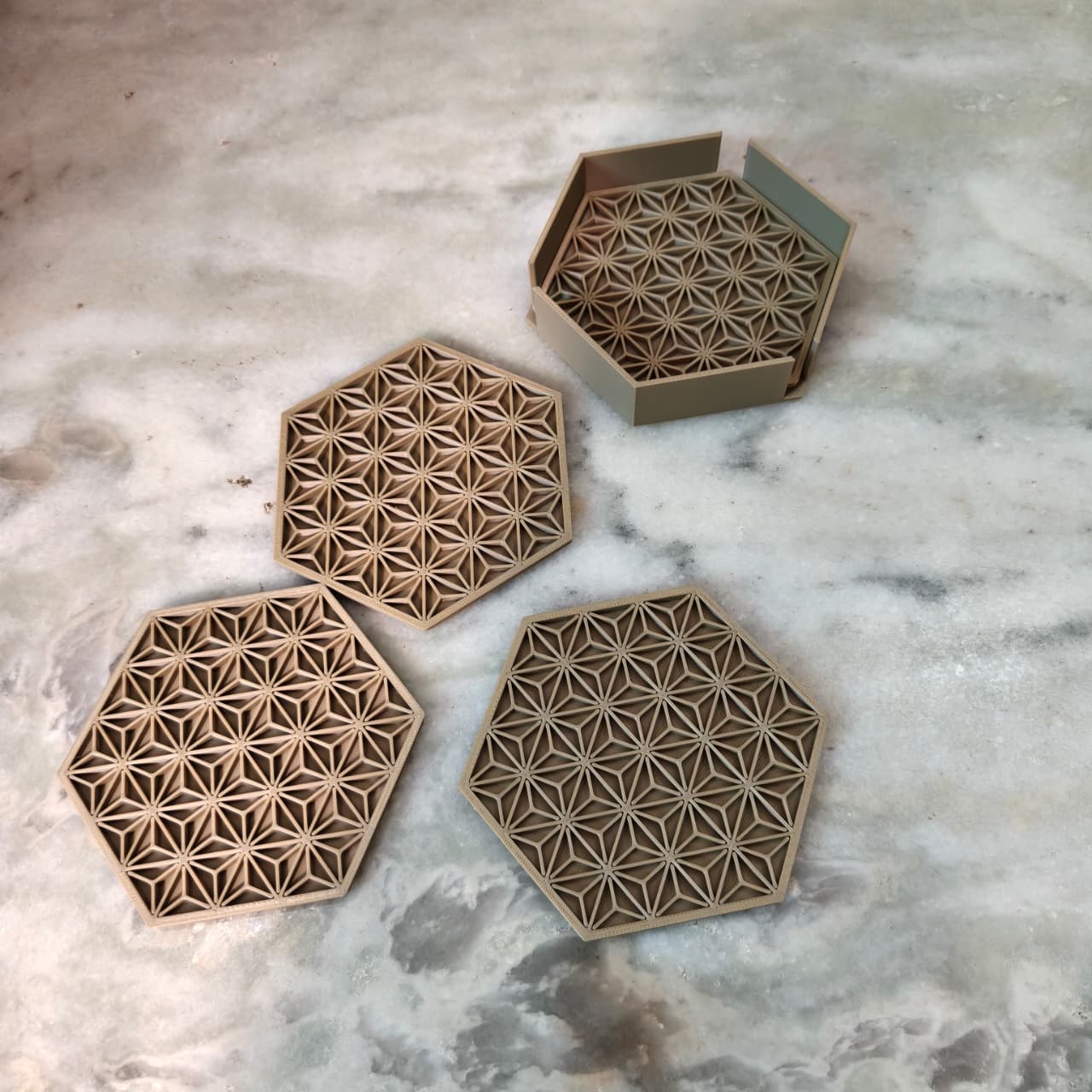 AstraHex™ 3D Printed Geometric Coaster Set with Holder – Pack of 4