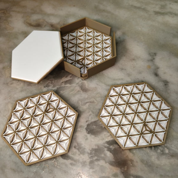 AstraHex™ 3D Printed Geometric Coaster Set with Holder – Pack of 4